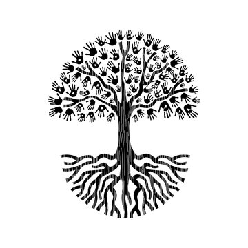 Black and white hand tree illustration isolated