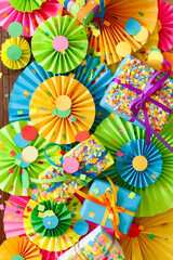 Colored flags garland, gifts and rosette