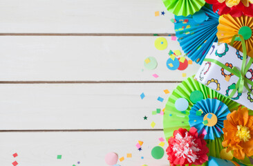 Colored flags garland, gifts and rosette