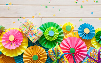 Colored flags garland, gifts and rosette