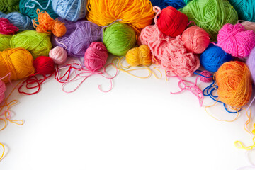 Colored balls of yarn. View from above. Rainbow colors. All colors. Yarn for knitting. Skeins of...