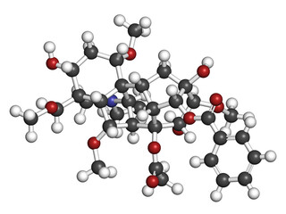 Aconitine molecule. Toxin present in Aconitum plants (monkshood). 3D rendering. Atoms are represented as spheres with conventional color coding.