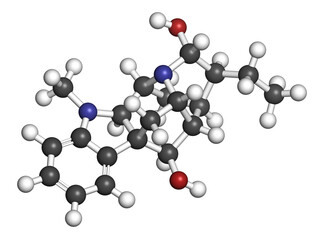 Ajmaline antiarrhytmic agent molecule.  3D rendering. Atoms are represented as spheres with conventional color coding: hydrogen (white), carbon (grey), oxygen (red), nitrogen (blue).