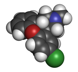 Asenapine antipsychotic drug molecule. 3D rendering. Atoms are represented as spheres with conventional color coding: hydrogen (white), carbon (grey), nitrogen (blue), oxygen (red), chlorine (green).