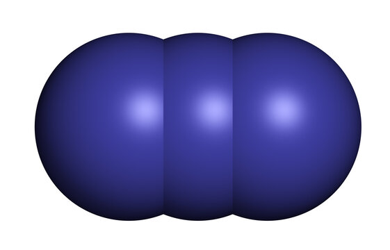 Azide anion, chemical structure. Azide salts are used in detonators and as propellants. 3D rendering. Atoms are represented as spheres with conventional color coding: nitrogen (blue).