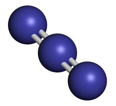 Azide anion, chemical structure. Azide salts are used in detonators and as propellants. 3D rendering. Atoms are represented as spheres with conventional color coding: nitrogen (blue).