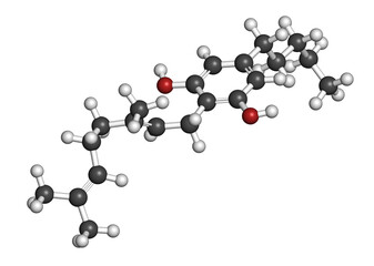Cannabigerol cannabinoid molecule. 3D rendering. Atoms are represented as spheres with conventional color coding: hydrogen (white), carbon (grey), oxygen (red).