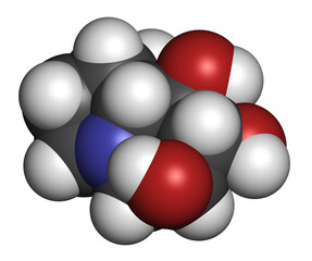 Castanospermine alkaloid molecule. Isolated from Castanospermum australe. 3D rendering. Atoms are represented as spheres with conventional color coding.