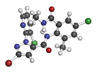 Chlorantraniliprole insecticide molecule (ryanoid class). 3D rendering. Atoms are represented as spheres with conventional color coding.