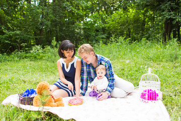 Happy Mixed Race Family Having a Picnic and Playing In The Park