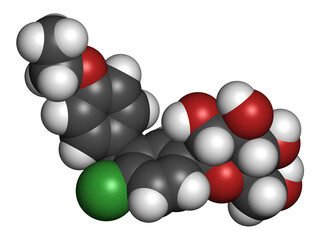 Ertugliflozin diabetes drug molecule. 3D rendering. Atoms are represented as spheres with conventional color coding: hydrogen (white), carbon (grey), nitrogen (blue), oxygen (red), chlorine (green).
