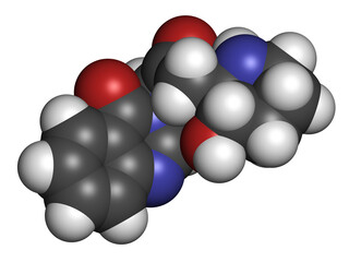 Febrifugine alkaloid molecule, first isolated from Dichroa febrifuga. 3D rendering. Atoms are represented as spheres with conventional color coding.
