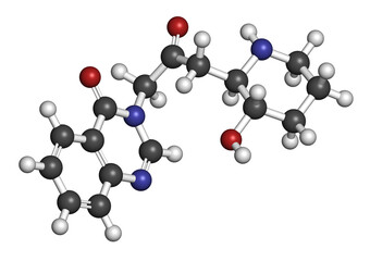Febrifugine alkaloid molecule, first isolated from Dichroa febrifuga. 3D rendering. Atoms are represented as spheres with conventional color coding.