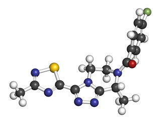 Fezolinetant drug molecule (NK3 receptor inhibitor). 3D rendering. Atoms are represented as spheres with conventional color coding: hydrogen (white), carbon (grey), etc
