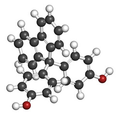 Fluorene-9-bisphenol (BHPF) molecule. Used as alternative to bisphenol A (BPA) but found to be endocrine disruptor as well. 3D rendering. Atoms are represented as spheres.