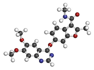Fruquintinib cancer drug molecule. 3D rendering. Atoms are represented as spheres with conventional color coding: hydrogen (white), carbon (grey), nitrogen (blue), oxygen (red).