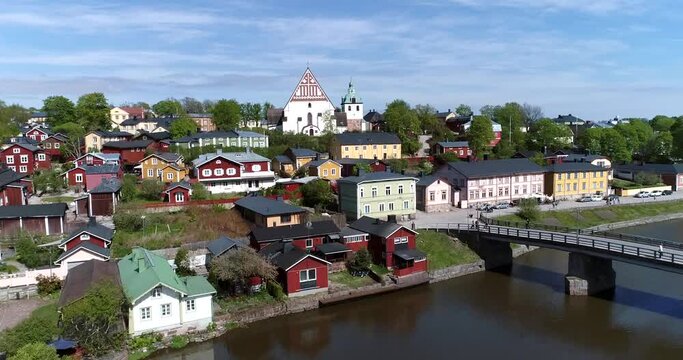 Porvoo, Cinema 4k aerial view from above porvoonjoki and over the church, in old town Borg&aring;, Uusimaa, Finland