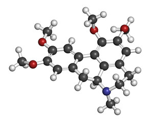 Glaucine alkaloid molecule. Found in yellow hornpoppy (Glaucium flavum) and a number of other plants. 3D rendering. Atoms are represented as spheres with conventional color coding.