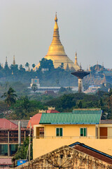 Yangon, Myanmar city skyline with Shwedagon Pagoda.