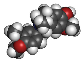 Laudanosine papaver alkaloid molecule. 3D rendering. Atoms are represented as spheres with conventional color coding: hydrogen (white), carbon (grey), oxygen (red), nitrogen (blue).