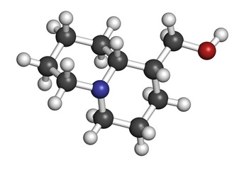 lupinine lupin alkaloid molecule. 3D rendering. Atoms are represented as spheres with conventional color coding: hydrogen (white), carbon (grey), oxygen (red), nitrogen (blue).