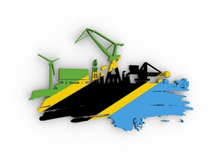 Energy and Power icons set and grunge brush stroke. Energy generation and heavy industry relative image. Flag of the Tanzania. 3D rendering
