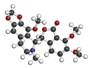 Noscapine antitussive drug molecule.  3D rendering. Atoms are represented as spheres with conventional color coding: hydrogen (white), carbon (grey), nitrogen (blue), oxygen (red).