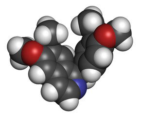 Papaverine opium alkaloid molecule. Used as antispasmodic drug. 3D rendering. Atoms are represented as spheres with conventional color coding.