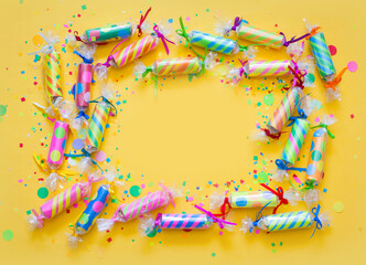 Fototapeta premium Celebratory crackers with confetti on a yellow background