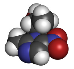 Secnidazole anti-infective drug molecule (nitroimidazole class). 3D rendering. Atoms are represented as spheres with conventional color coding.