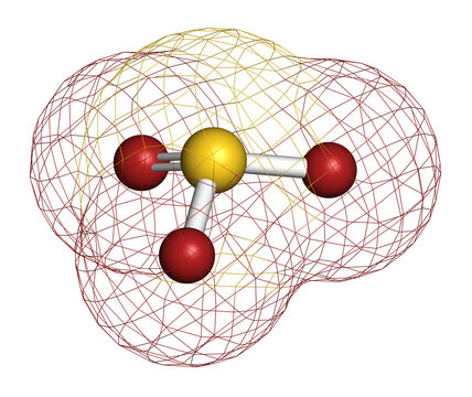 Sulfite anion, chemical structure. Sulfite salts are common food additives. 3D rendering. Atoms are represented as spheres with conventional color coding: sulfur (yellow), oxygen (red).