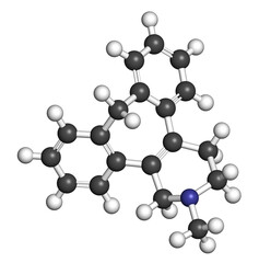 Setiptiline (also known as teciptiline) antidepressant drug molecule. 3D rendering. Atoms are represented as spheres with conventional color coding: hydrogen (white), carbon (grey), nitrogen (blue).
