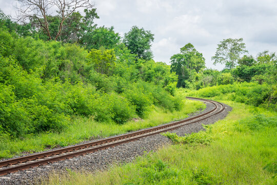Curved single train track in forest of Thailand. With two parallel iron rails for movement of rail cars.