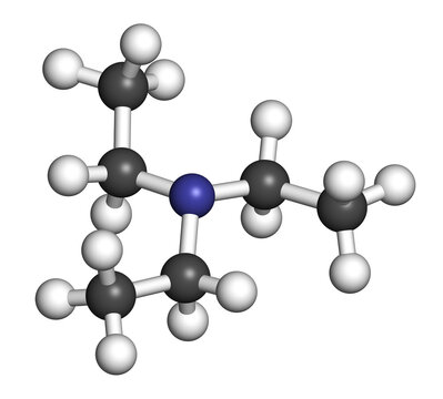 Triethylamine organic base molecule. 3D rendering. Atoms are represented as spheres with conventional color coding: hydrogen (white), carbon (grey), nitrogen (blue).