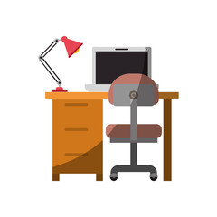 colorful graphic of desk home with chair and lamp and laptop computer without contour and half shadow vector illustration