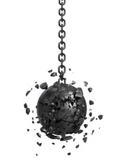 3d rendering of a black swinging wrecking ball crashing into a wall on white background.