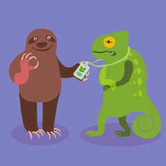 Sloth and chameleon. Fake identity concept.