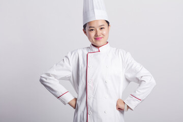 Female chef in front of the background expression