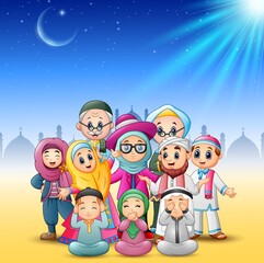 Happy family celebrate for eid mubarak with mosque background