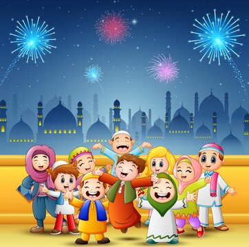 Happy Kids Celebrate For Eid Mubarak With Mosque And Fireworks Background