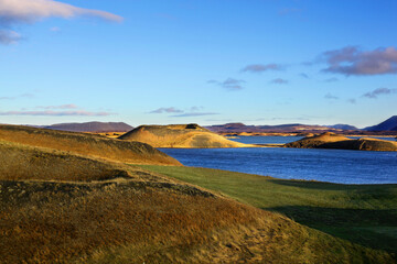 View of the islands of Lake Myvatn Iceland