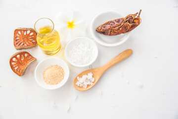 Spa product sample on white wooden background