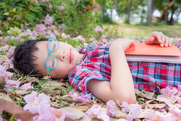 Obraz na płótnie Canvas Young asian boy fall asleep in park