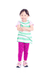 Little asian girl smiling over white background