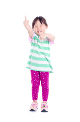 Little asian girl showing thumbs up over white background