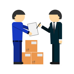 Delivery icon with сardboard box and courier. Global or local shipping service vector illustration isolated on white background.