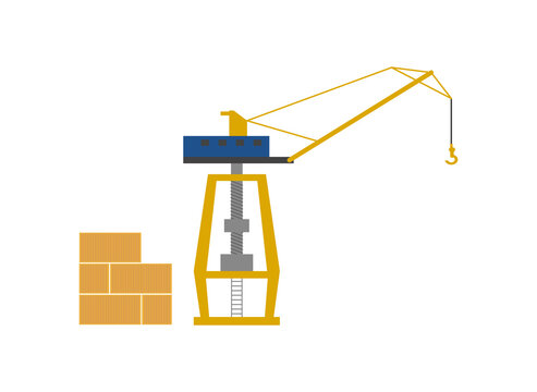 Global shipping icon with sea port crane and cargo containers. Worldwide delivery service vector illustration isolated on white background.