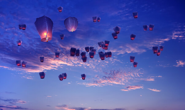 Flying lanterns in the sky