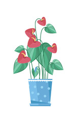 Cute spring colorful flower in pot isolated icon. Plants indoor room, houseplant, floral interior decoration design element vector illustration.