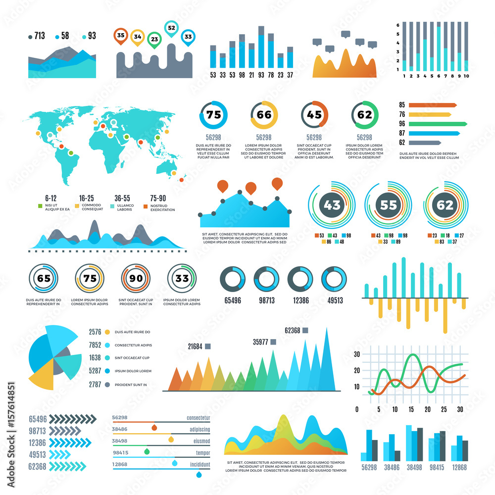 Poster business demographics and statistics infographic elements with colourful charts, diagrams and graph 